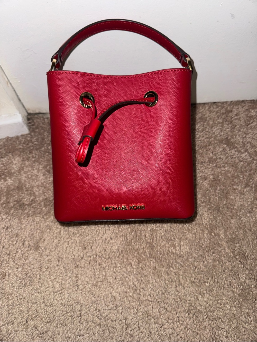 Michael Kors Red Saffiano Mini Bucket Bag with Top Handle